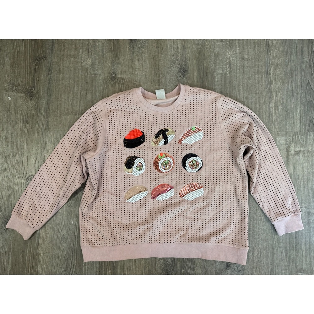 Queen of Sparkles Sushi Crewneck Sweatshirt Embellished Beaded Pink Snack L